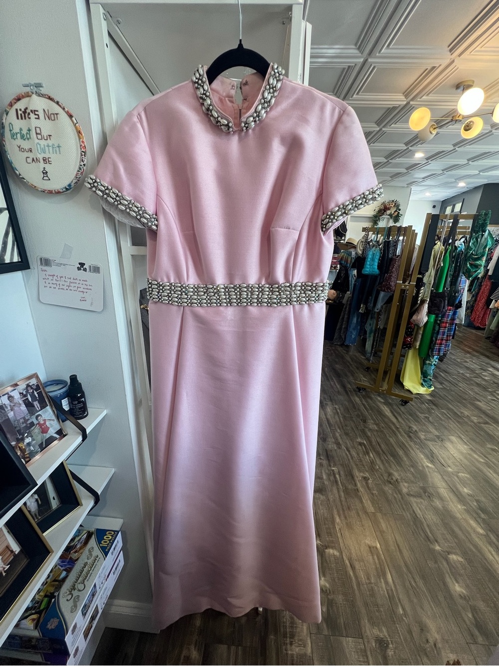 Lillie Rubin vintage Pink formal floor length gown with Pearl & Rhinestone Trim
